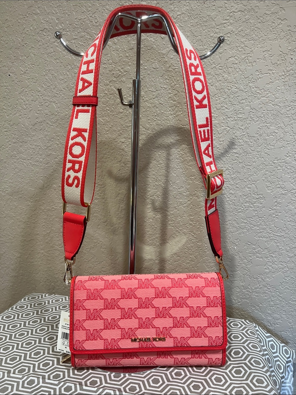 Michael Kors Coral Pink Signature MK Crossbody with Branded Strap